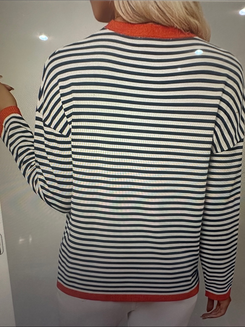 Jessica Black and White Striped Sweater with Orange Trim, size medium - Picture 11 of 13
